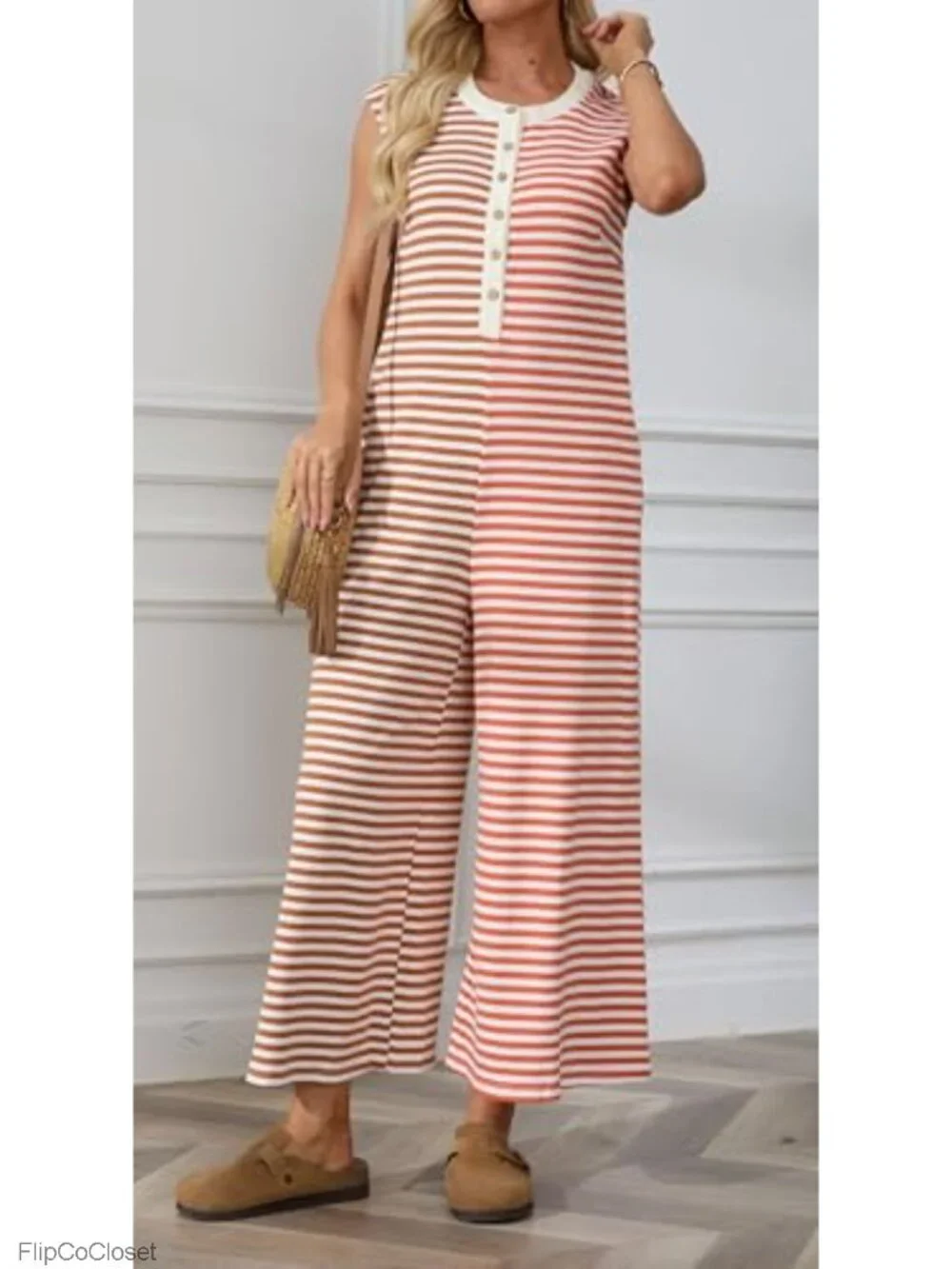 Wide Leg Striped Jumpsuit for Women Sleeveless Button Romper Flowy